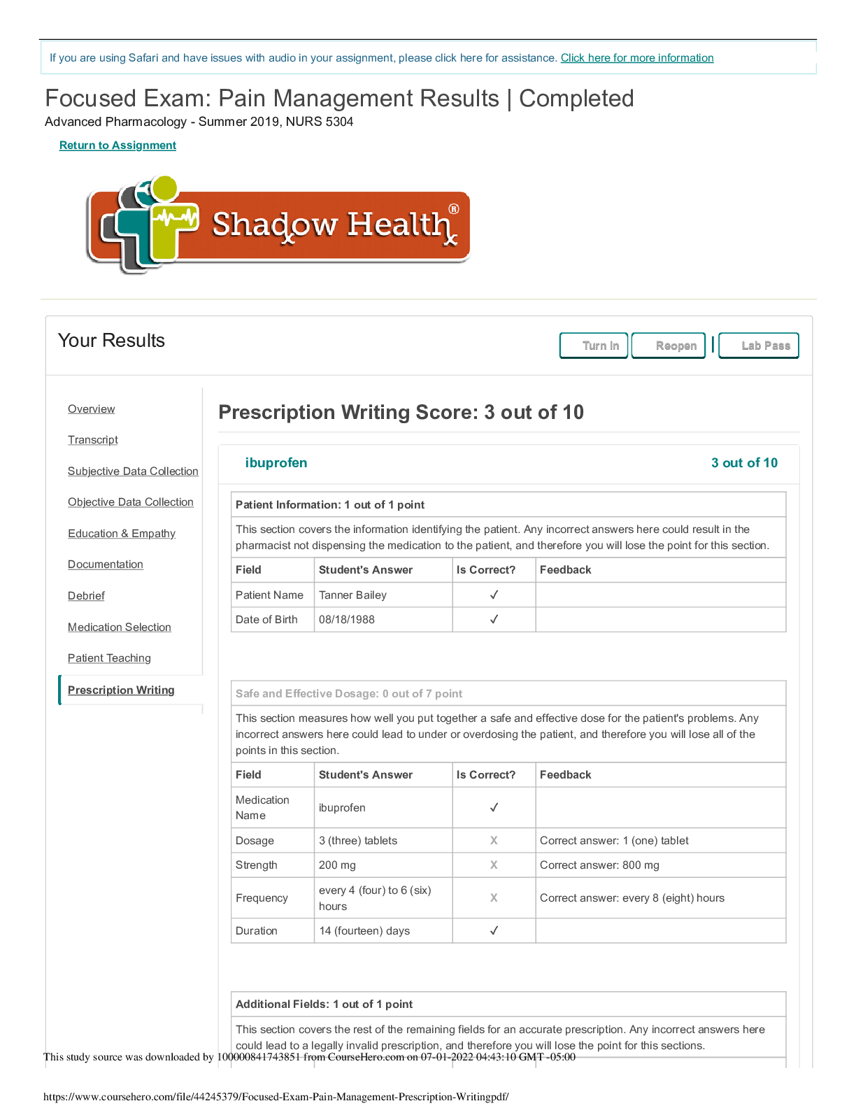 Preview image for Tanner Bailey Pain Management Shadow Health Focused Exam- Transcript